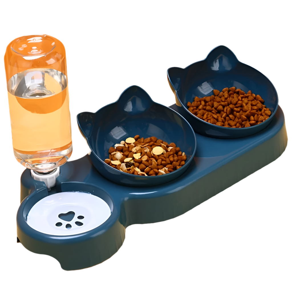 3 In 1 Ear Design Tilted Cat Water And Food Bowl Set With Gravity Water Bottle For Neck Protection
