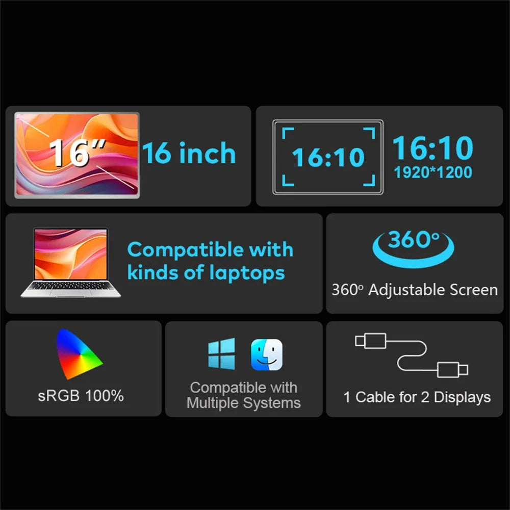 16” Dual Screen Display Extended Portable Monitor