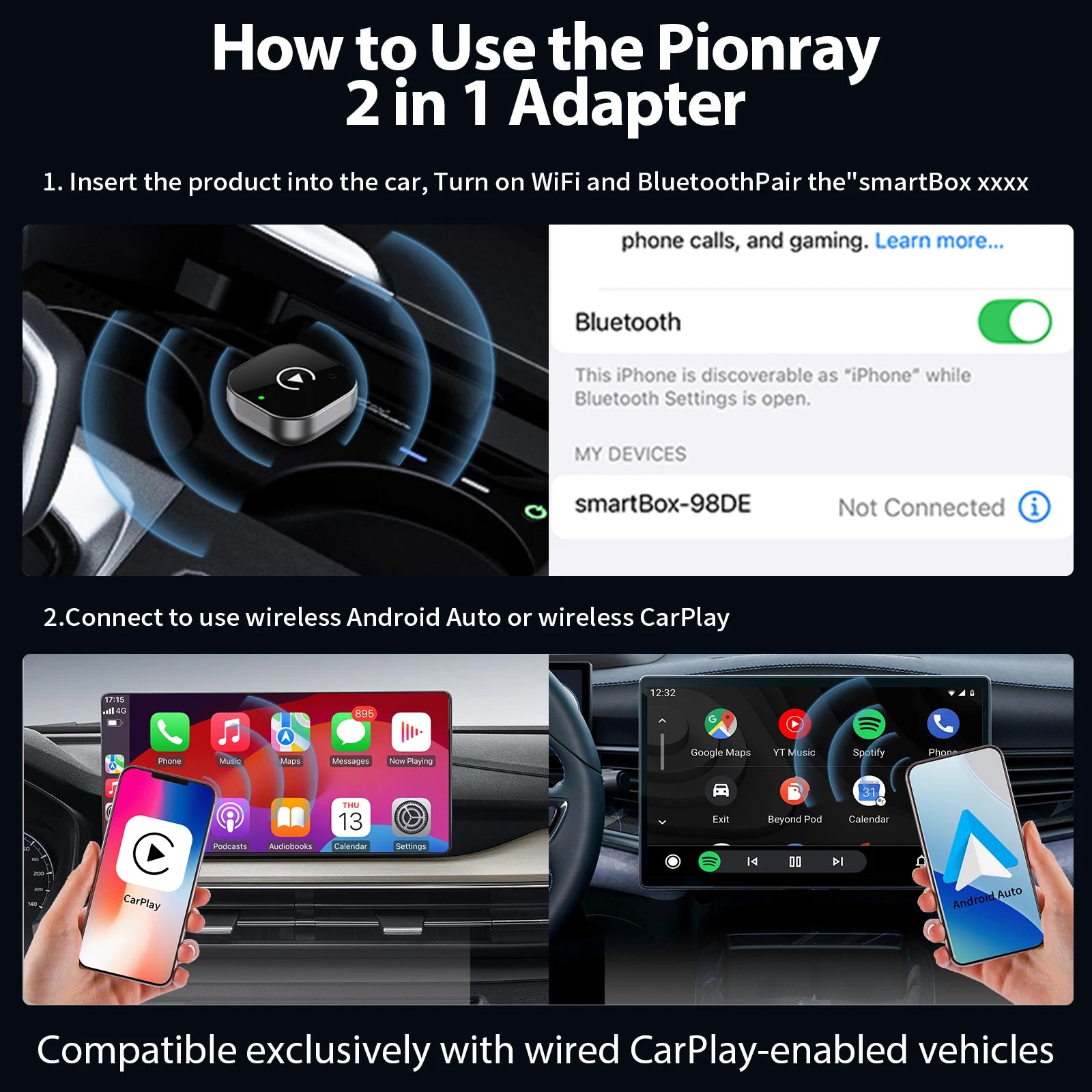 2 in 1 Wireless CarPlay Adapter & Auto Wireless Adapter, 5Ghz WiFi Type-C/USB Plug