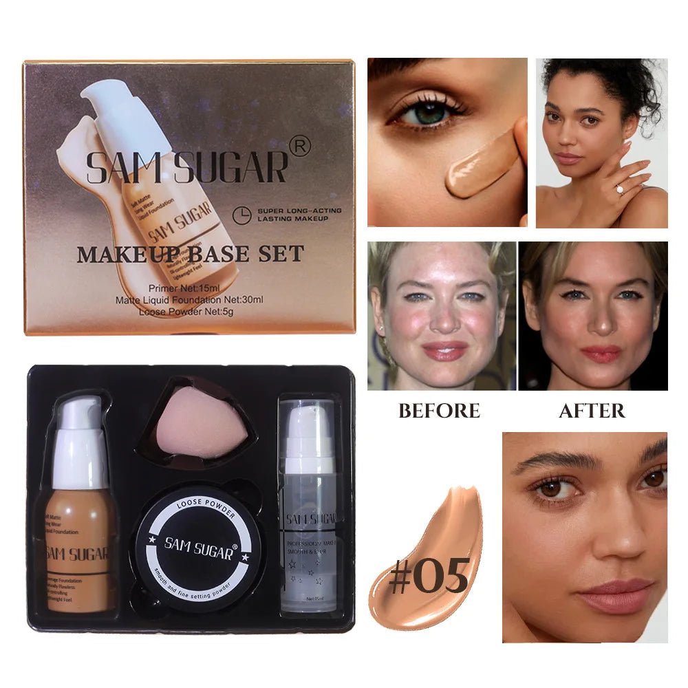 SAM Makeup Base Set With Primer, Matte Foundation & Loose Powder Puff