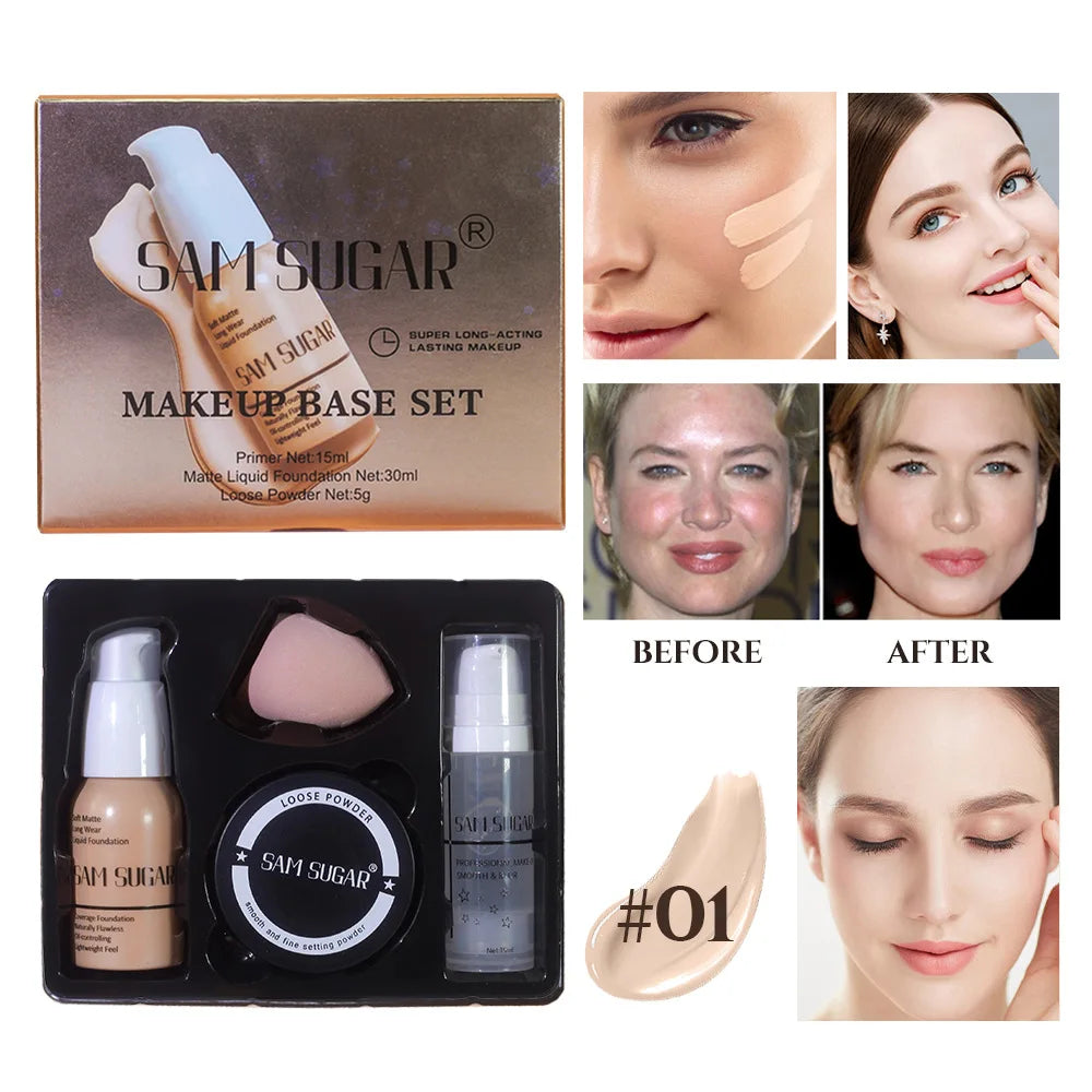 SAM Makeup Base Set With Primer, Matte Foundation & Loose Powder Puff