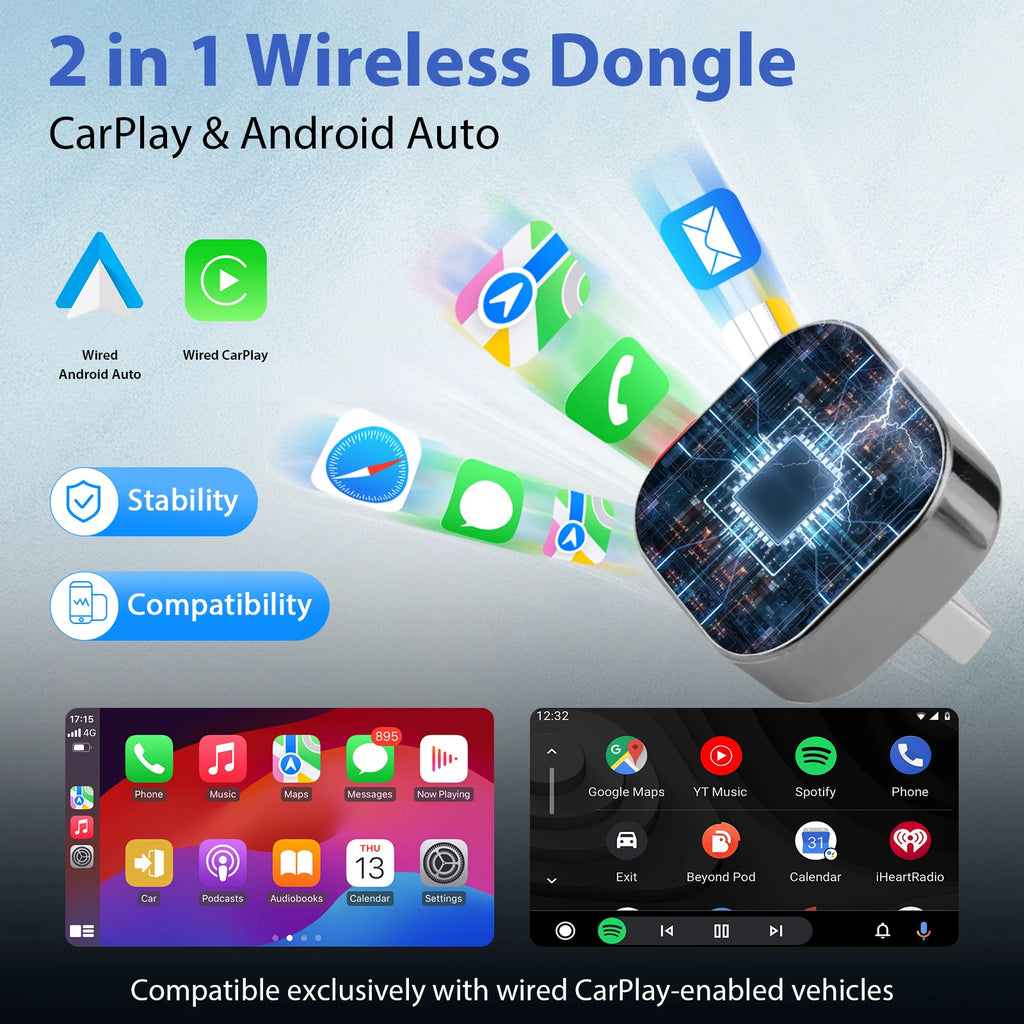 2 in 1 Wireless CarPlay Adapter & Auto Wireless Adapter, 5Ghz WiFi Type-C/USB Plug