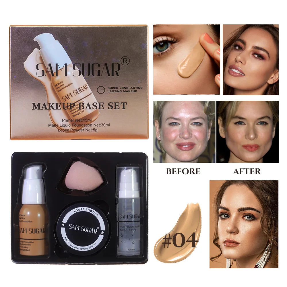 SAM Makeup Base Set With Primer, Matte Foundation & Loose Powder Puff