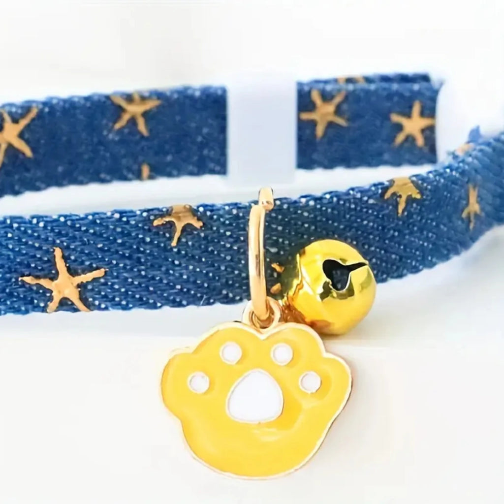 Denim Pet Collar with Bells and Safety Buckles