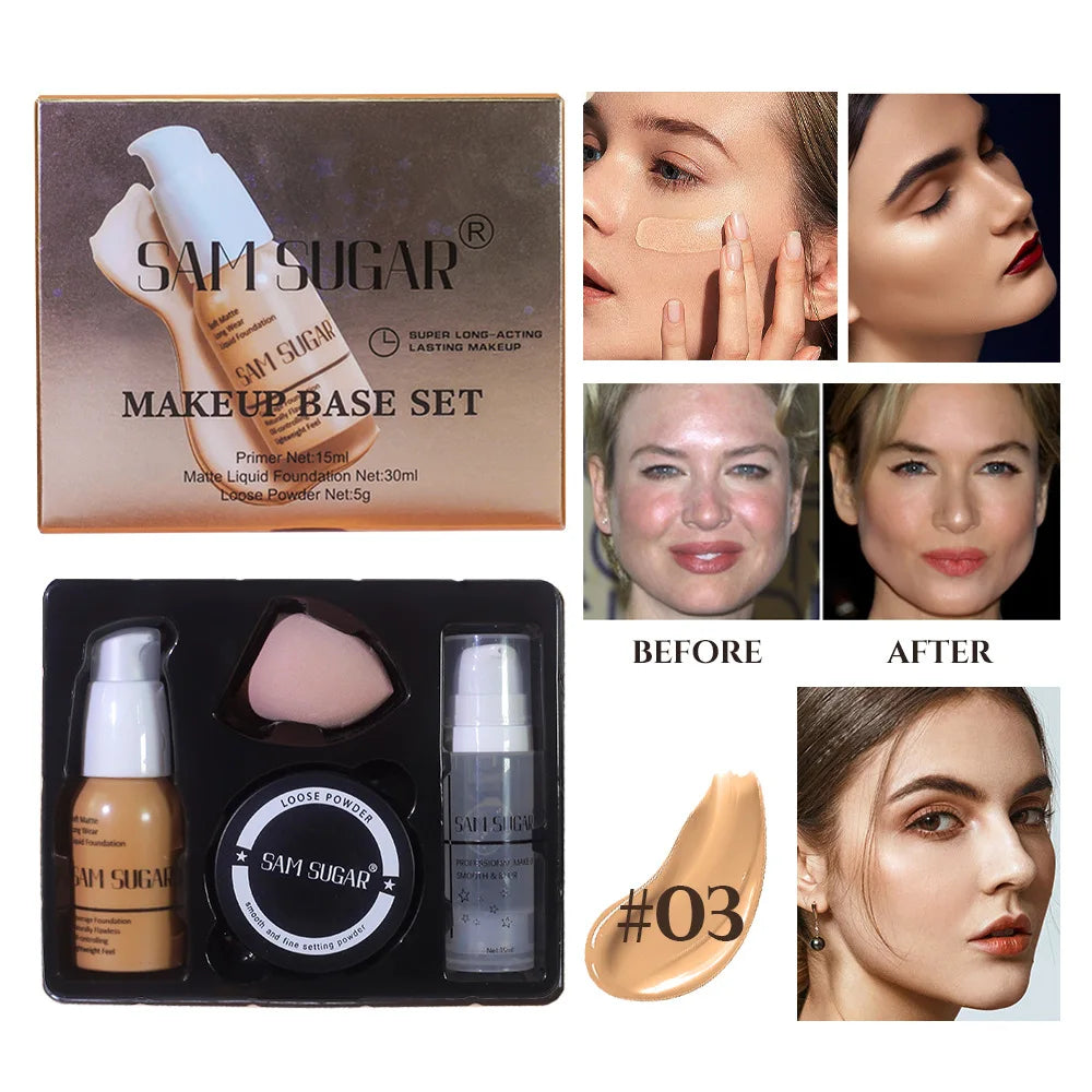 SAM Makeup Base Set With Primer, Matte Foundation & Loose Powder Puff