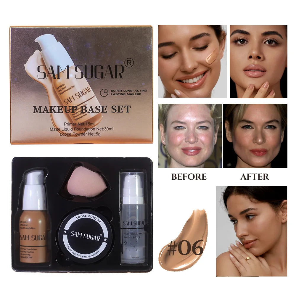 SAM Makeup Base Set With Primer, Matte Foundation & Loose Powder Puff
