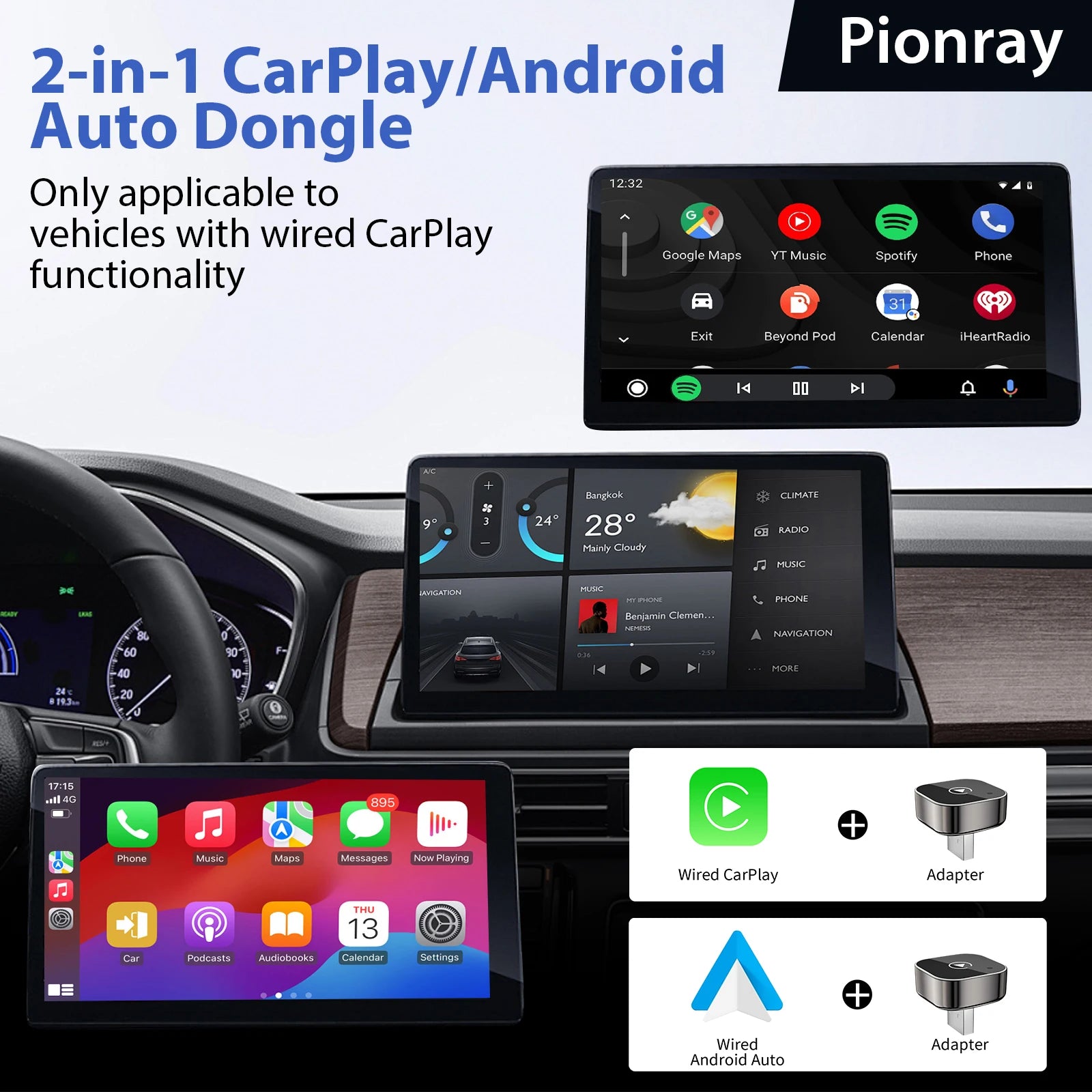 2 in 1 Wireless CarPlay Adapter & Auto Wireless Adapter, 5Ghz WiFi Type-C/USB Plug