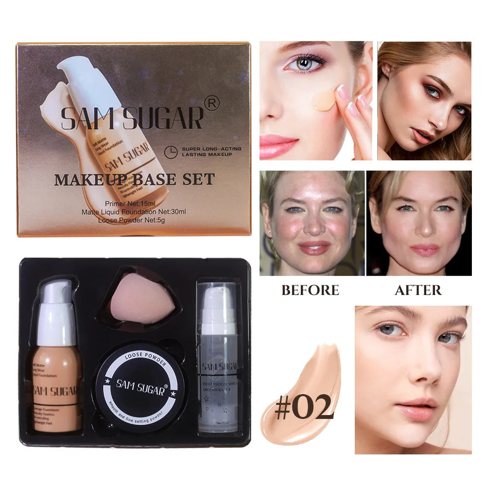 SAM Makeup Base Set With Primer, Matte Foundation & Loose Powder Puff
